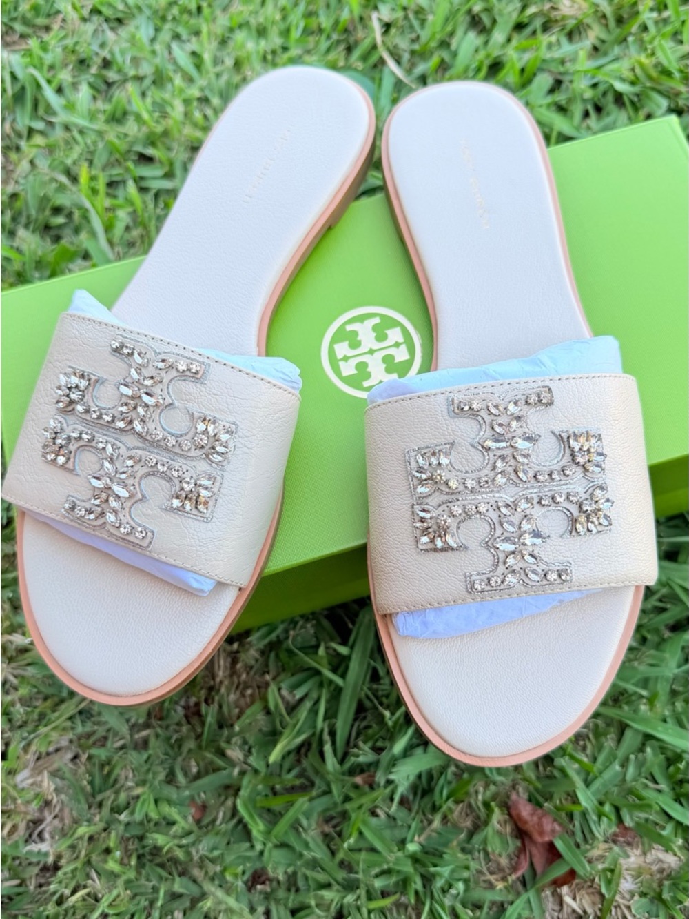 Tory Burch Ivory Logo Slide Sandals with Gold Hardware